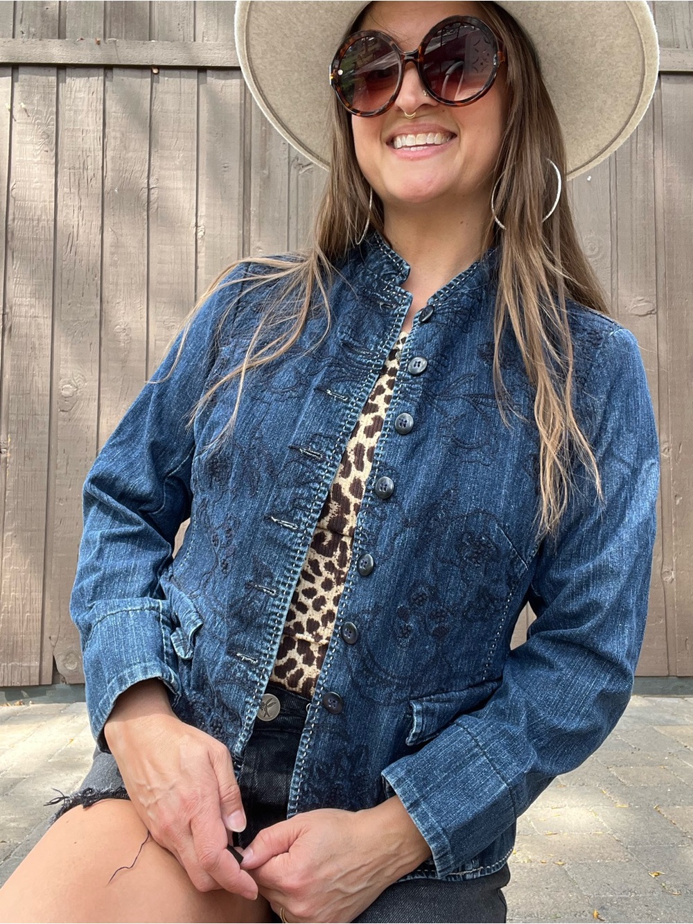 Coldwater Creek Blue Embroidered Mandarin Collar Denim Jacket Small